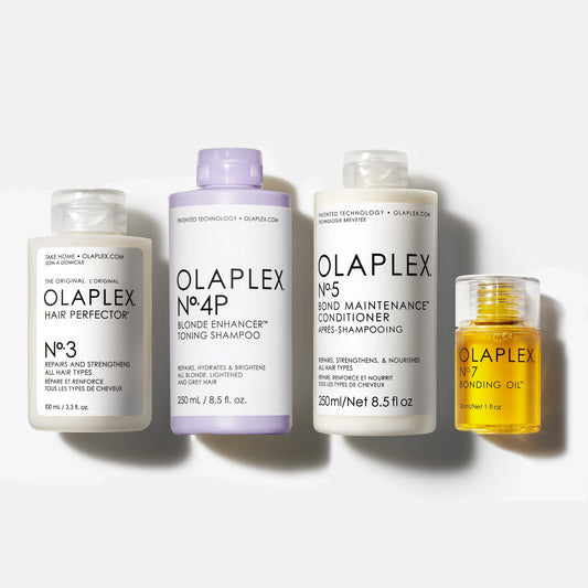 Kit de Cuidado Rubios con Reparación, Shampoo, Acondicionador y Protección Térmica OLAPLEX N°3 de 100ml + N°4P de 250ml + N°5 de 250ml + N°7 de 30ml