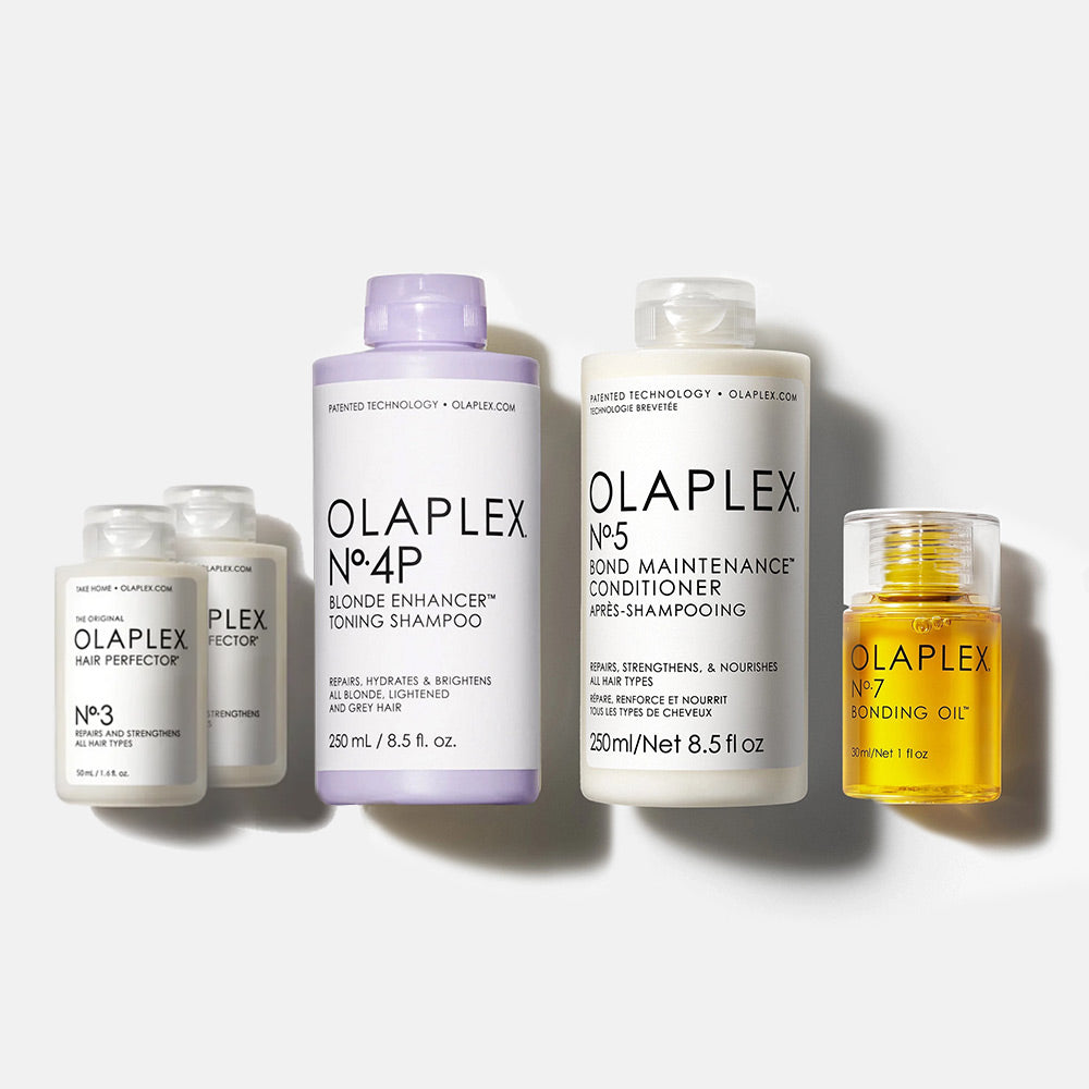 Kit de Cuidado Rubios con Reparación, Shampoo, Acondicionador y  Protección Térmica OLAPLEX N°3 de 50ml (2 Unid.) + N°4P de 250ml + N°5 de 250ml + N°7 de 30ml OLAPLEX