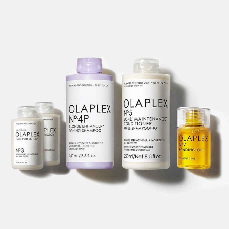 Kit de Cuidado Rubios con Reparación, Shampoo, Acondicionador y  Protección Térmica OLAPLEX N°3 de 50ml (2 Unid.) + N°4P de 250ml + N°5 de 250ml + N°7 de 30ml